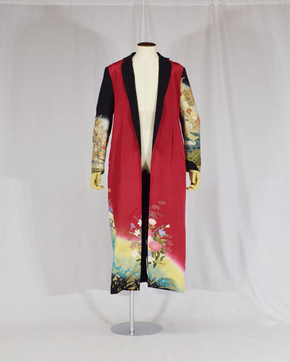 Belted Long Coat, Red and Black Floral and Traditional Motifs, Upcycled Kimono Fabric