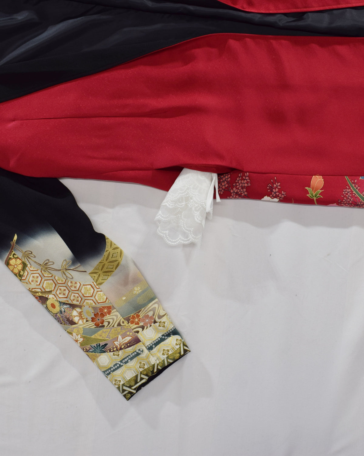 Belted Long Coat, Red and Black Floral and Traditional Motifs, Upcycled Kimono Fabric