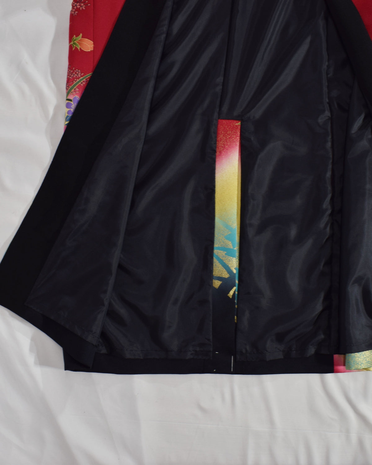 Belted Long Coat, Red and Black Floral and Traditional Motifs, Upcycled Kimono Fabric