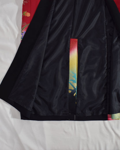 Belted Long Coat, Red and Black Floral and Traditional Motifs, Upcycled Kimono Fabric