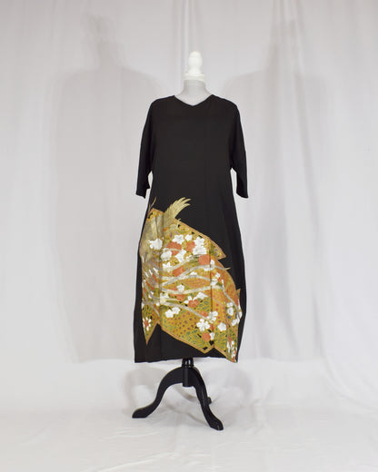 Elegant Kimono Dress, Bird and Floral Motif, Upcycled Tomesode Fabric