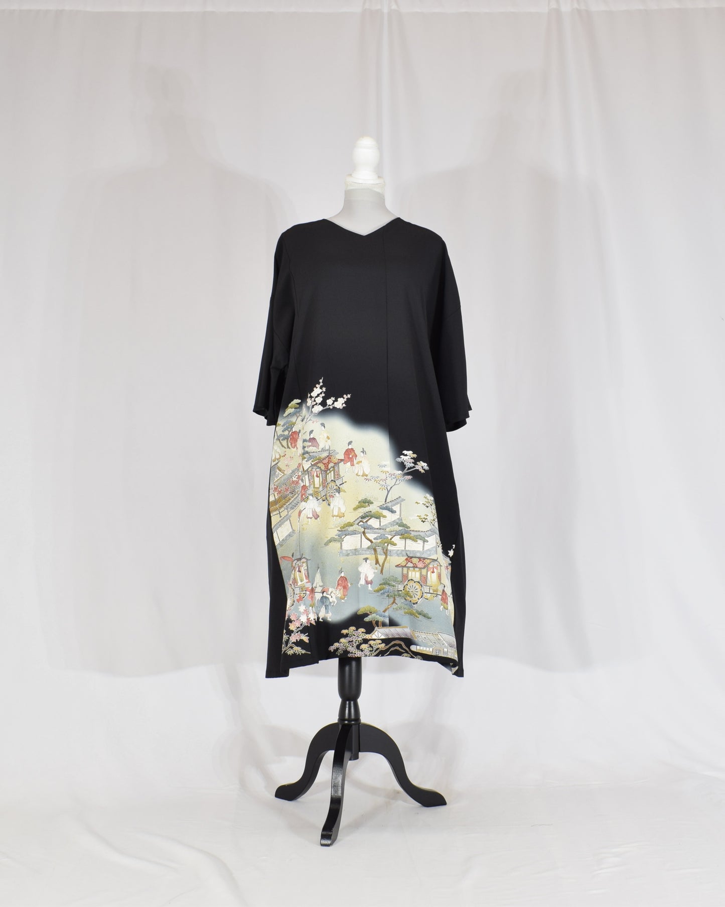 Elegant Kimono Dress, Scenic Motif, Upcycled Tomesode Fabric