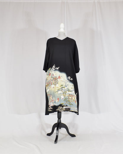 Elegant Kimono Dress, Scenic Motif, Upcycled Tomesode Fabric