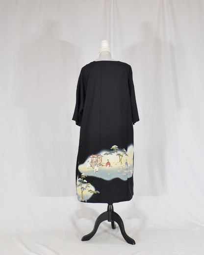Elegant Kimono Dress, Scenic Motif, Upcycled Tomesode Fabric