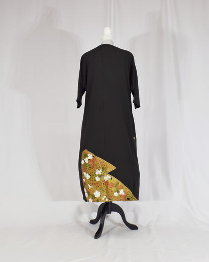 Elegant Kimono Dress, Bird and Floral Motif, Upcycled Tomesode Fabric