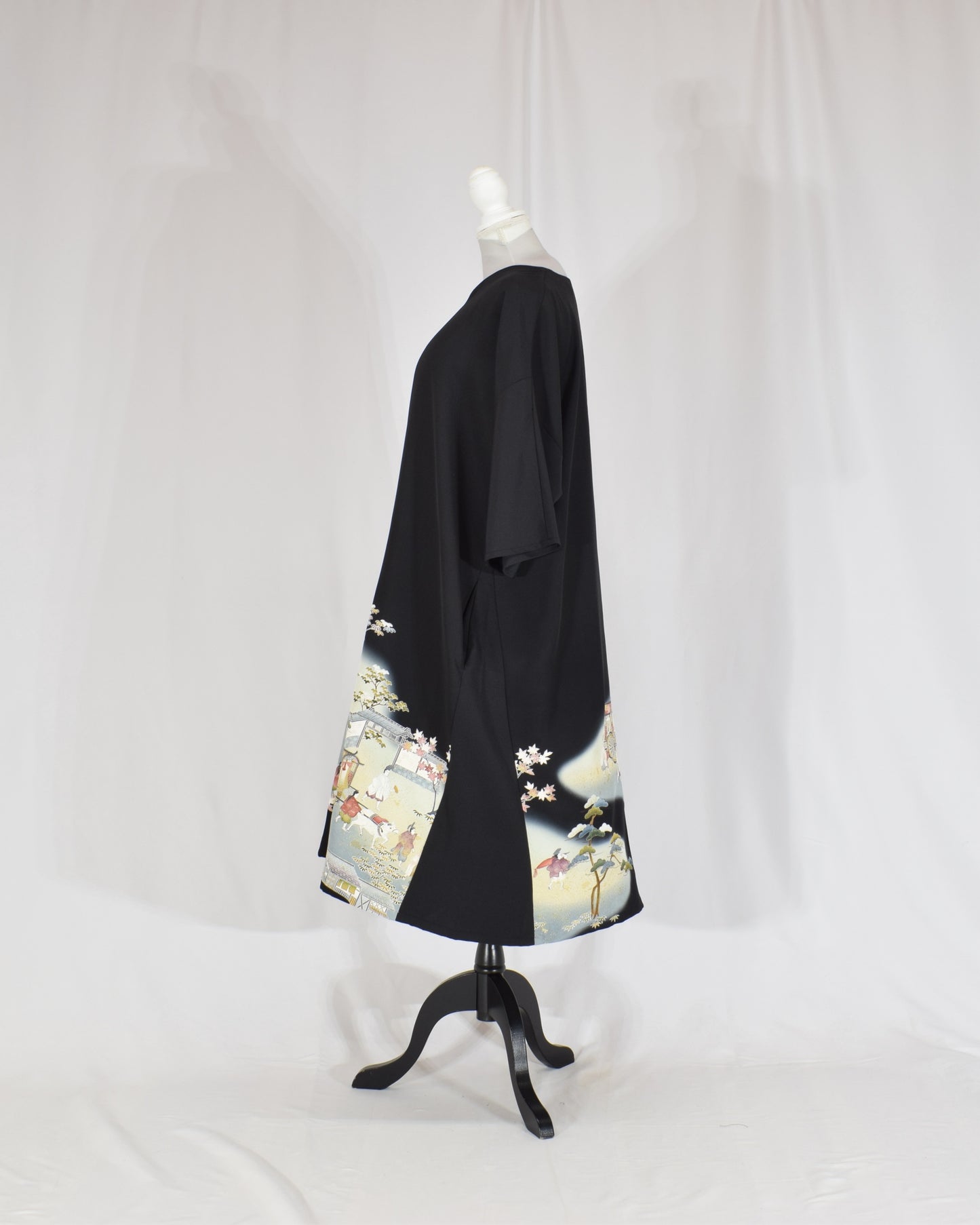 Elegant Kimono Dress, Scenic Motif, Upcycled Tomesode Fabric