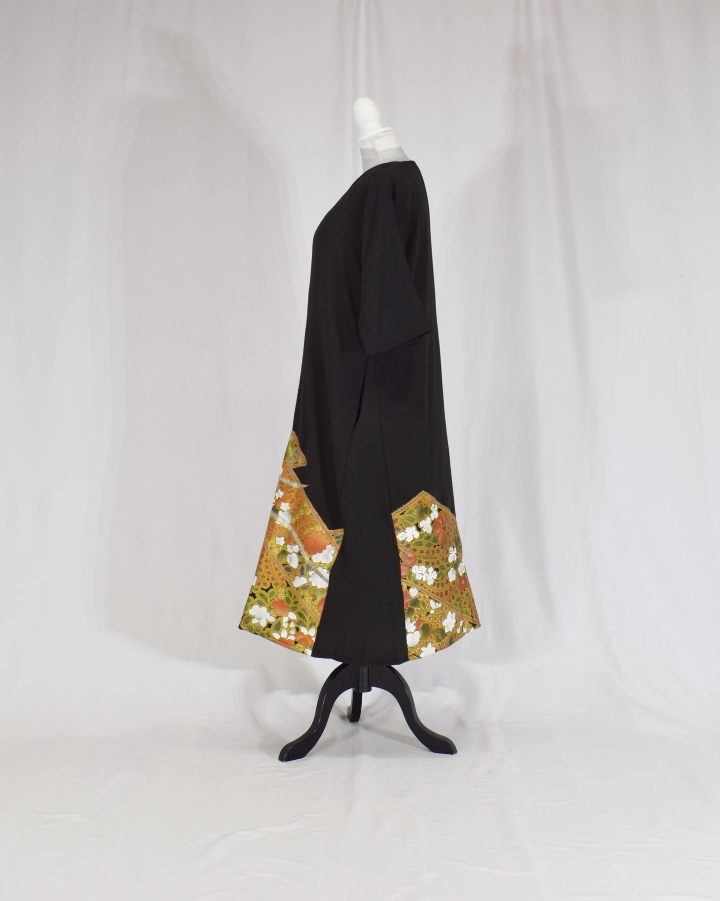Elegant Kimono Dress, Bird and Floral Motif, Upcycled Tomesode Fabric