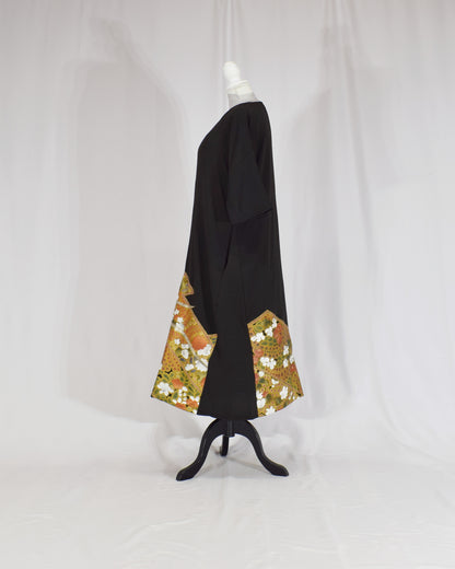 Elegant Kimono Dress, Bird and Floral Motif, Upcycled Tomesode Fabric
