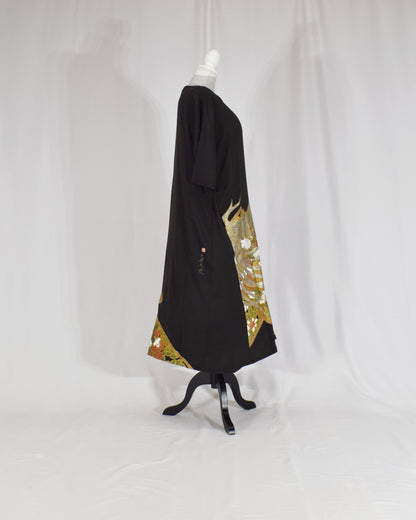 Elegant Kimono Dress, Bird and Floral Motif, Upcycled Tomesode Fabric