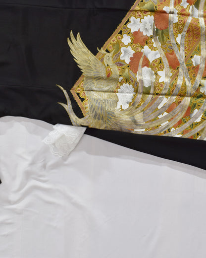 Elegant Kimono Dress, Bird and Floral Motif, Upcycled Tomesode Fabric