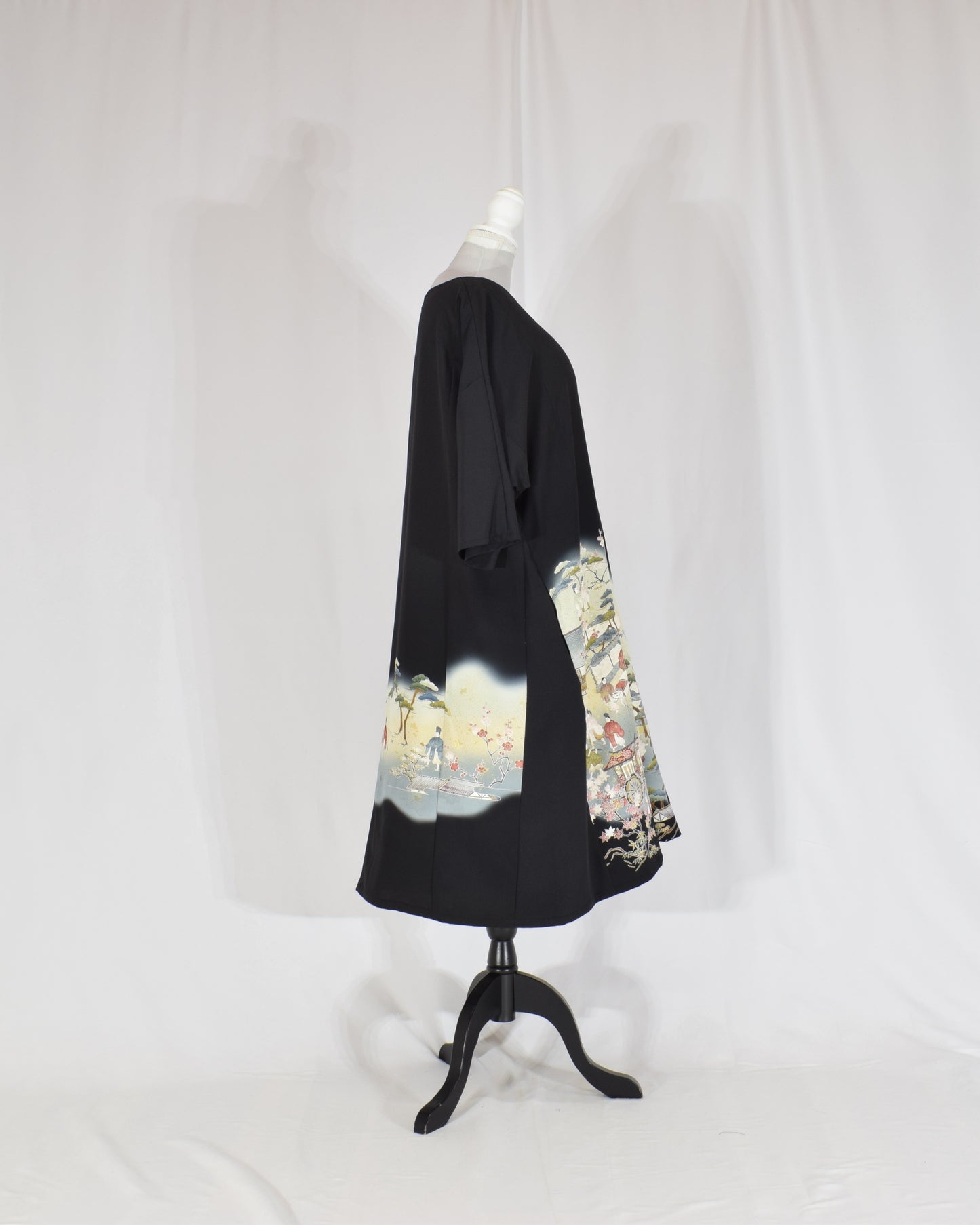 Elegant Kimono Dress, Scenic Motif, Upcycled Tomesode Fabric