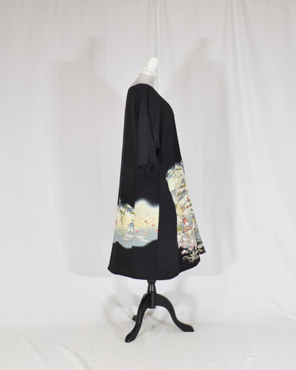 Elegant Kimono Dress, Scenic Motif, Upcycled Tomesode Fabric