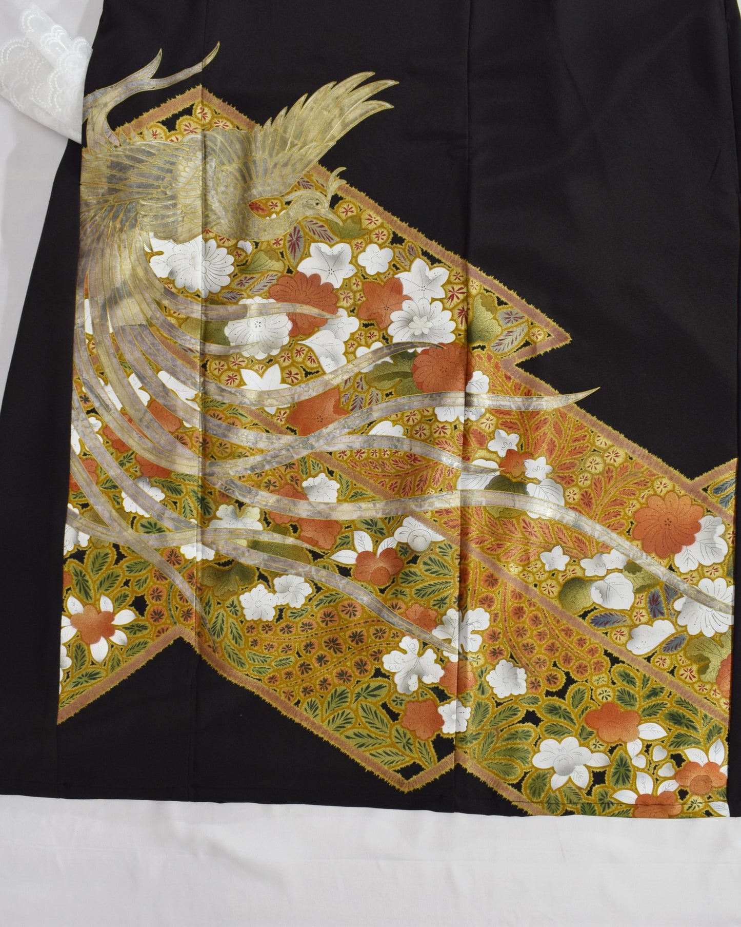 Elegant Kimono Dress, Bird and Floral Motif, Upcycled Tomesode Fabric