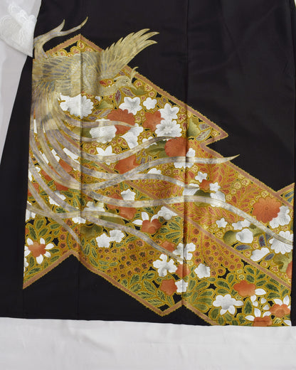 Elegant Kimono Dress, Bird and Floral Motif, Upcycled Tomesode Fabric