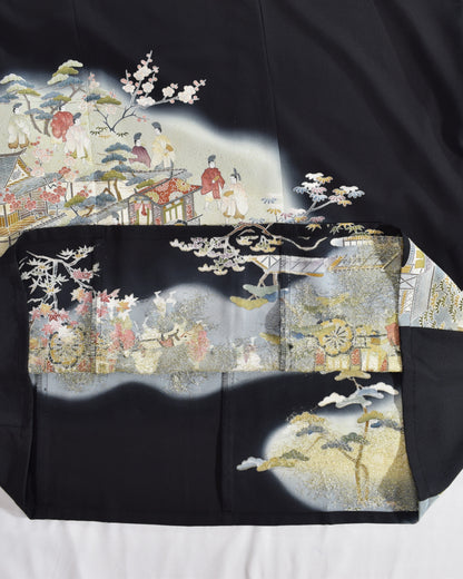Elegant Kimono Dress, Scenic Motif, Upcycled Tomesode Fabric