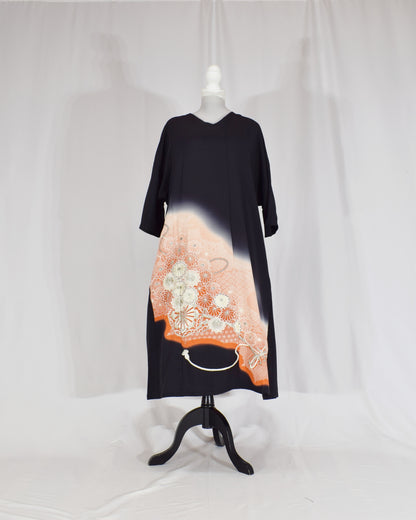 Elegant Kimono Dress, Flower Cart and Floral Motifs, Upcycled Tomesode Fabric