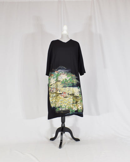 Elegant Kimono Dress, Garden Scene Motif, Upcycled Tomesode Fabric