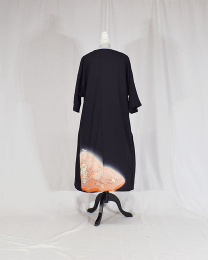Elegant Kimono Dress, Flower Cart and Floral Motifs, Upcycled Tomesode Fabric
