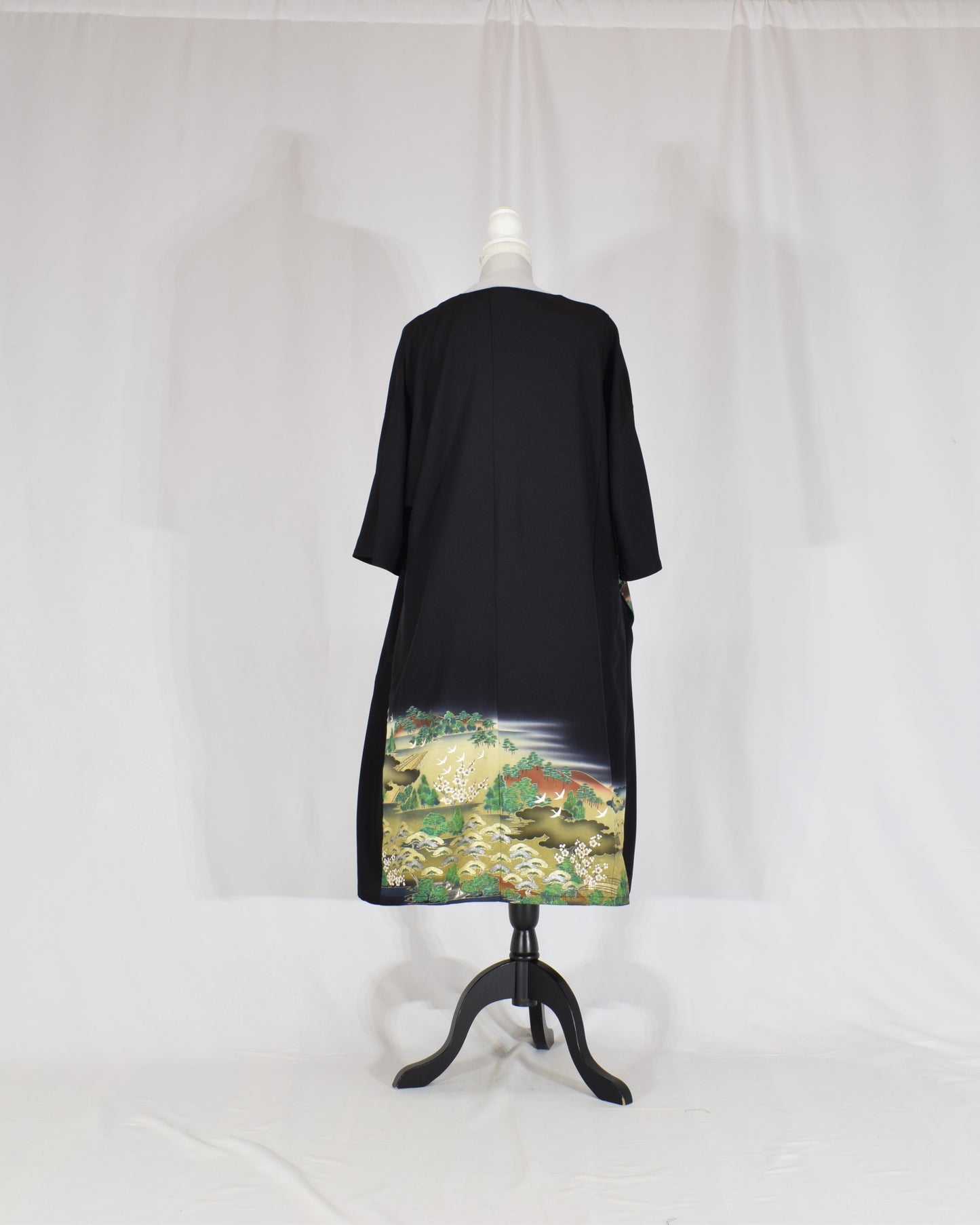 Elegant Kimono Dress, Garden Scene Motif, Upcycled Tomesode Fabric