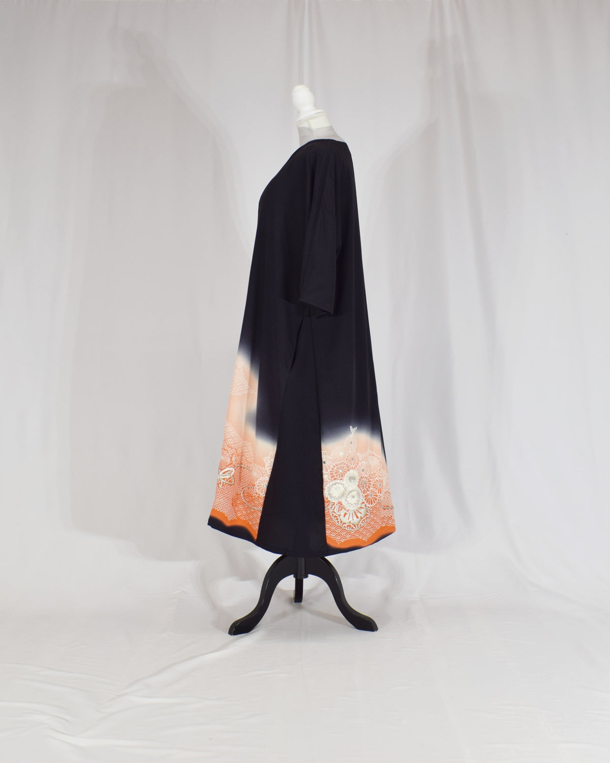 Elegant Kimono Dress, Flower Cart and Floral Motifs, Upcycled Tomesode Fabric