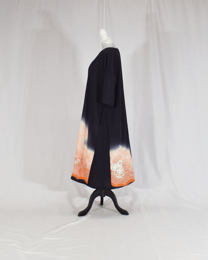 Elegant Kimono Dress, Flower Cart and Floral Motifs, Upcycled Tomesode Fabric