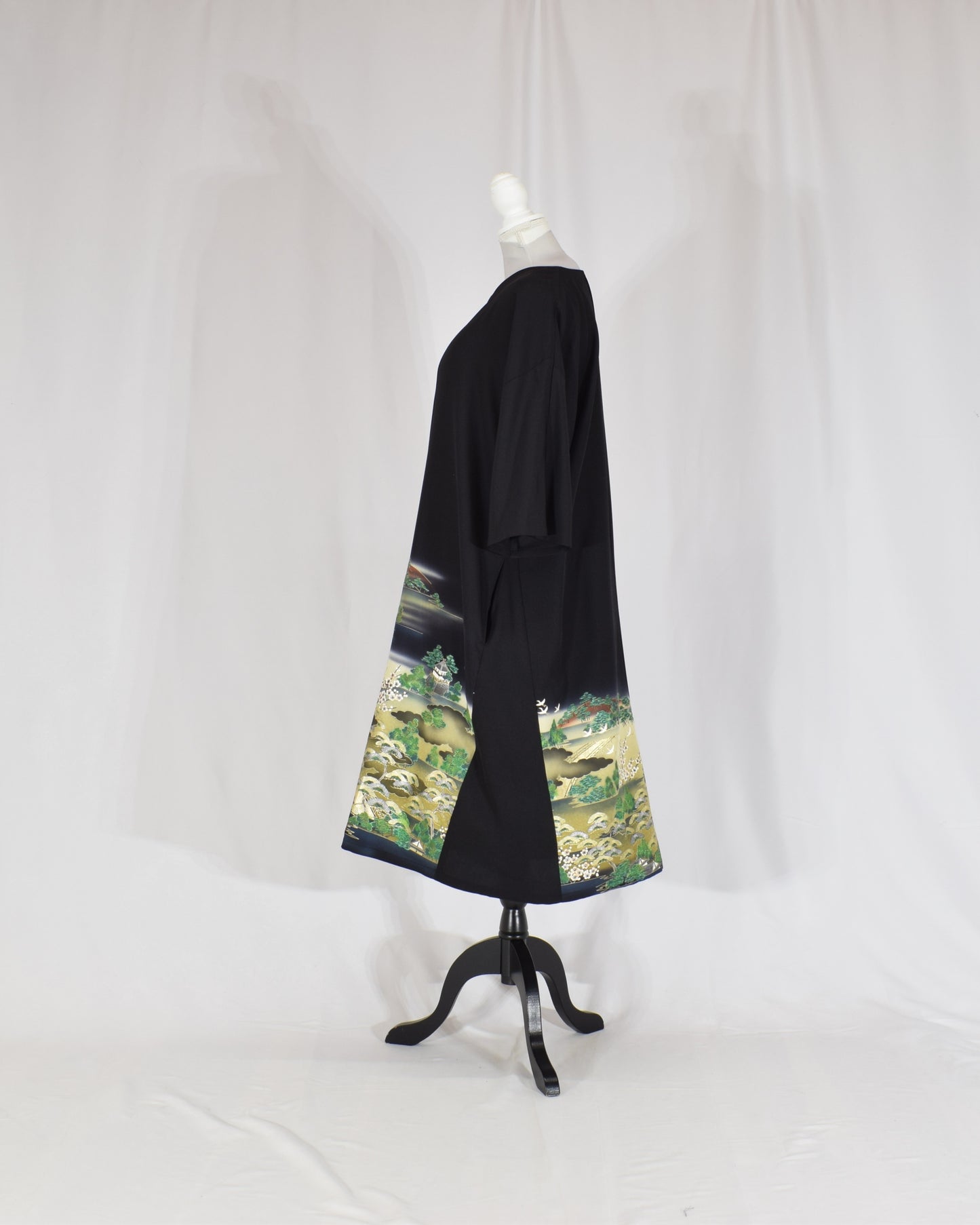 Elegant Kimono Dress, Garden Scene Motif, Upcycled Tomesode Fabric