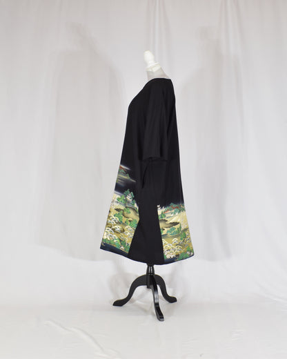 Elegant Kimono Dress, Garden Scene Motif, Upcycled Tomesode Fabric