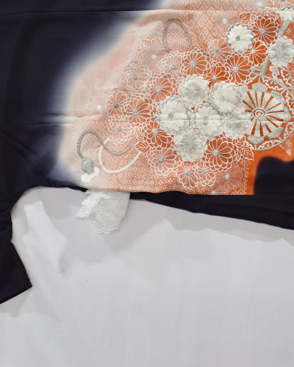 Elegant Kimono Dress, Flower Cart and Floral Motifs, Upcycled Tomesode Fabric