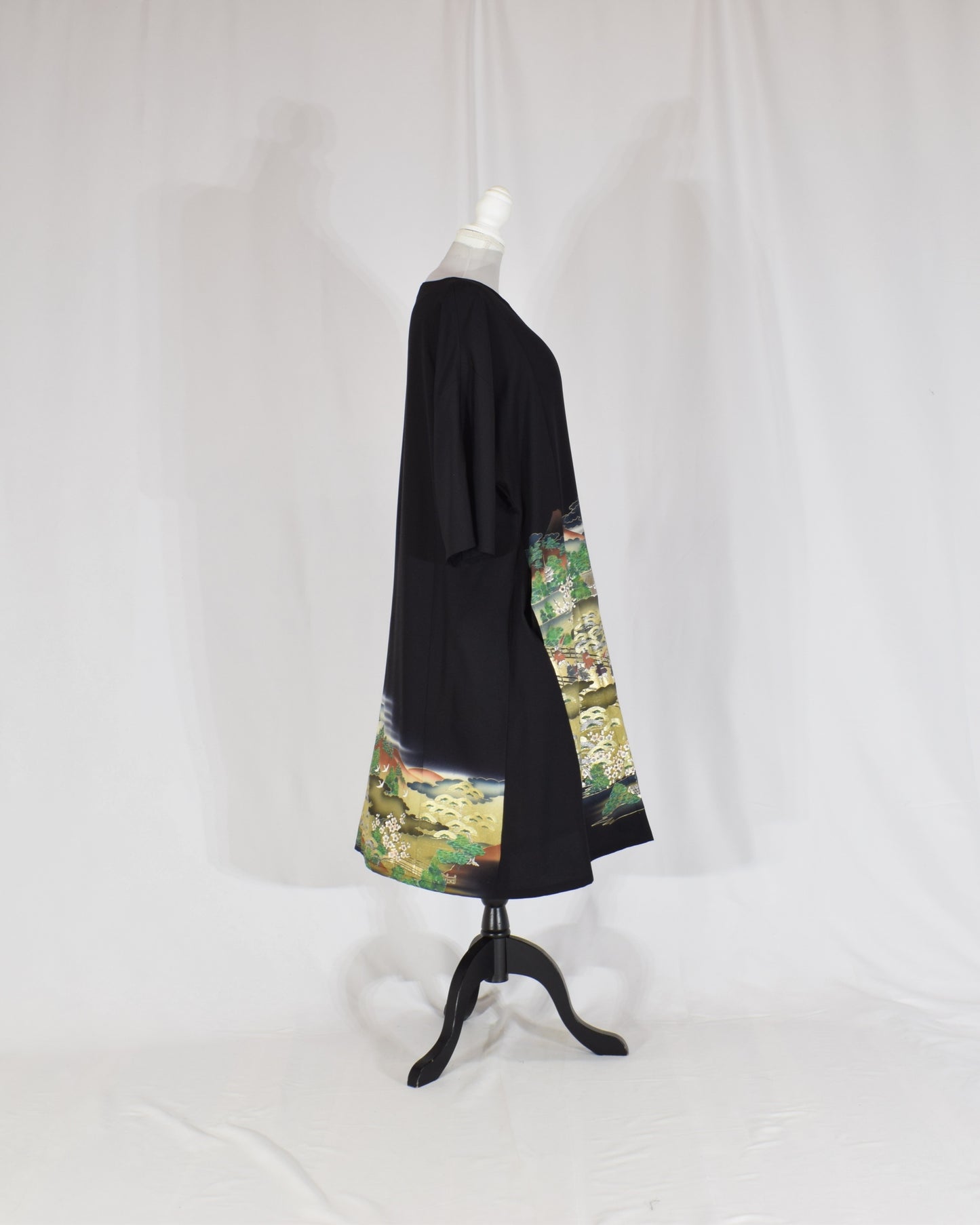 Elegant Kimono Dress, Garden Scene Motif, Upcycled Tomesode Fabric