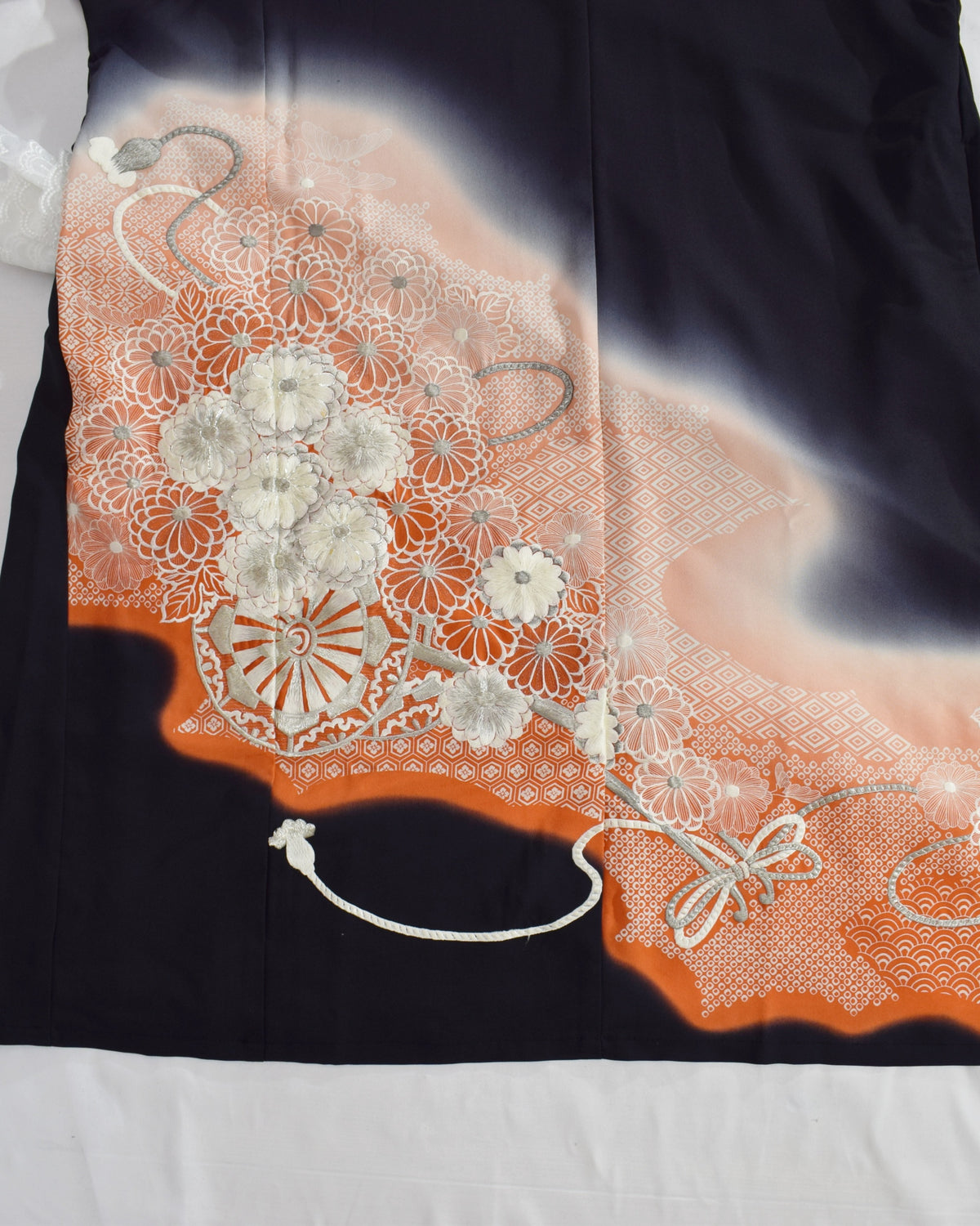 Elegant Kimono Dress, Flower Cart and Floral Motifs, Upcycled Tomesode Fabric