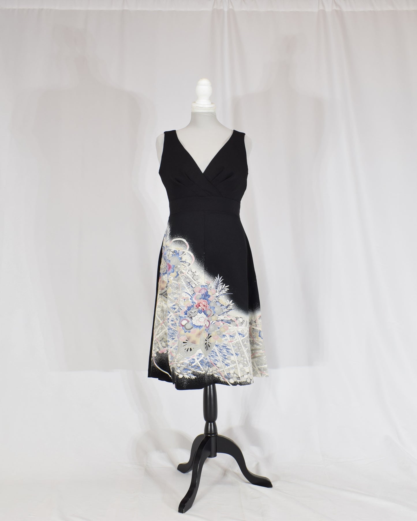 Sleeveless Dress — Black Upcycled Kimono Fabric with Flower Cart Motif
