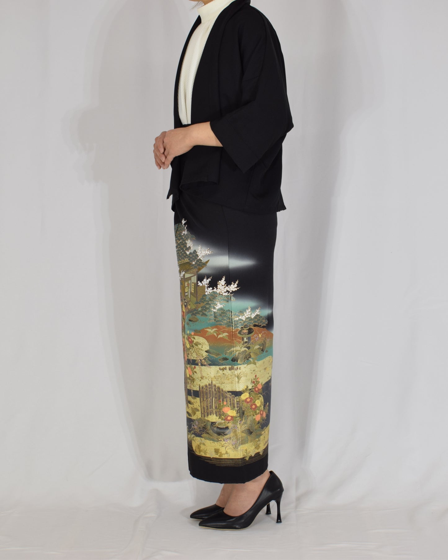 Wrap Skirt & Jacket Set — Landscape Motif in Black Tomesode Silk