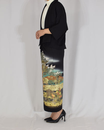 Wrap Skirt & Jacket Set — Landscape Motif in Black Tomesode Silk