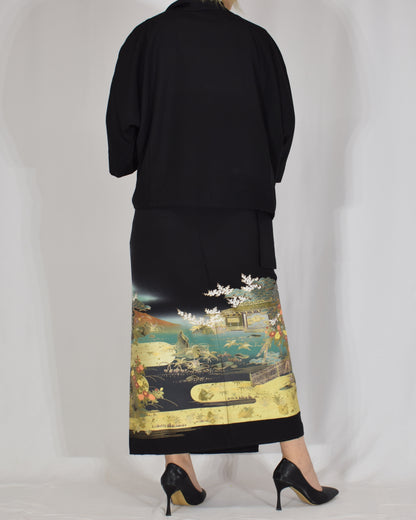 Wrap Skirt & Jacket Set — Landscape Motif in Black Tomesode Silk