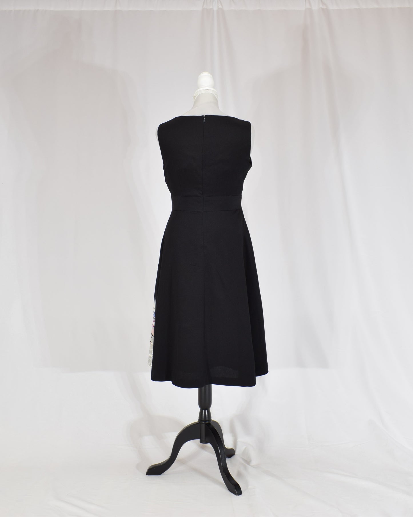 Sleeveless Dress — Black Upcycled Kimono Fabric with Flower Cart Motif