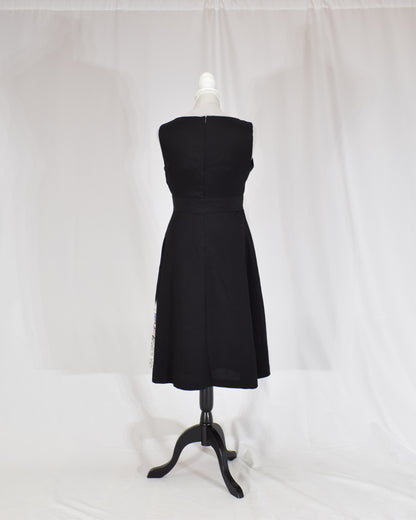 Sleeveless Dress — Black Upcycled Kimono Fabric with Flower Cart Motif