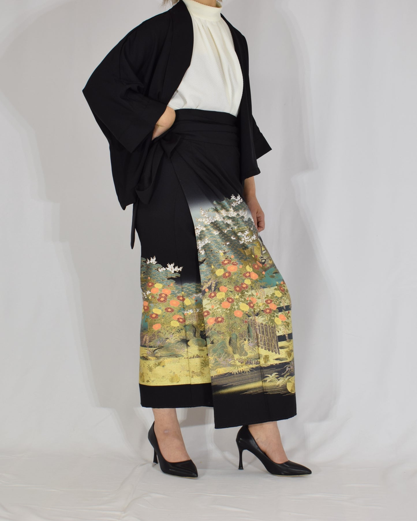 Wrap Skirt & Jacket Set — Landscape Motif in Black Tomesode Silk