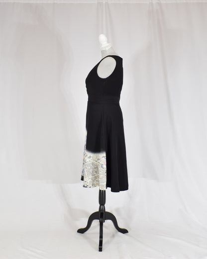 Sleeveless Dress — Black Upcycled Kimono Fabric with Flower Cart Motif