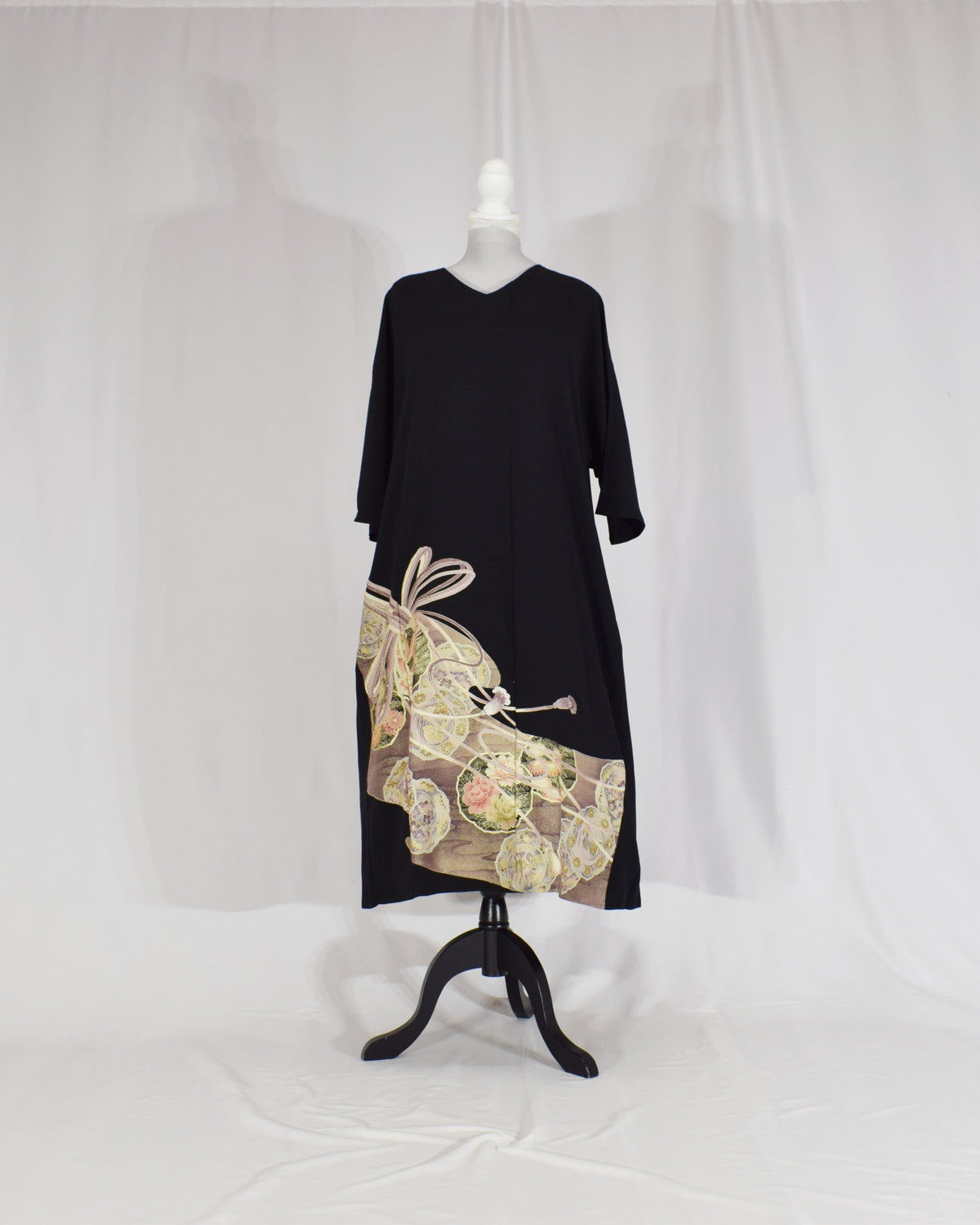 Elegant Kimono Dress, Decorative Cord and Floral Motifs, Upcycled Tomesode Fabric