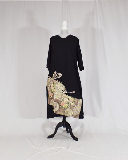 Elegant Kimono Dress, Decorative Cord and Floral Motifs, Upcycled Tomesode Fabric