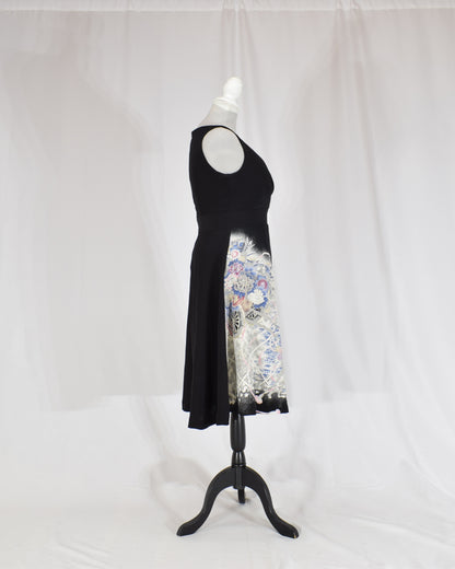 Sleeveless Dress — Black Upcycled Kimono Fabric with Flower Cart Motif