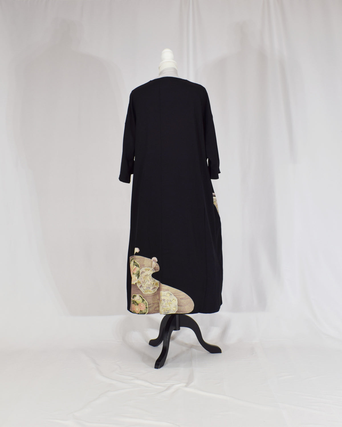 Elegant Kimono Dress, Decorative Cord and Floral Motifs, Upcycled Tomesode Fabric