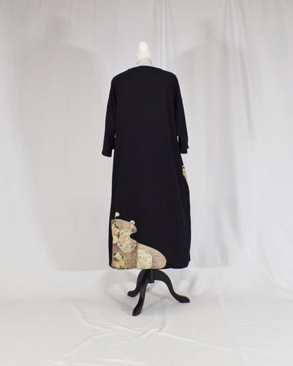 Elegant Kimono Dress, Decorative Cord and Floral Motifs, Upcycled Tomesode Fabric