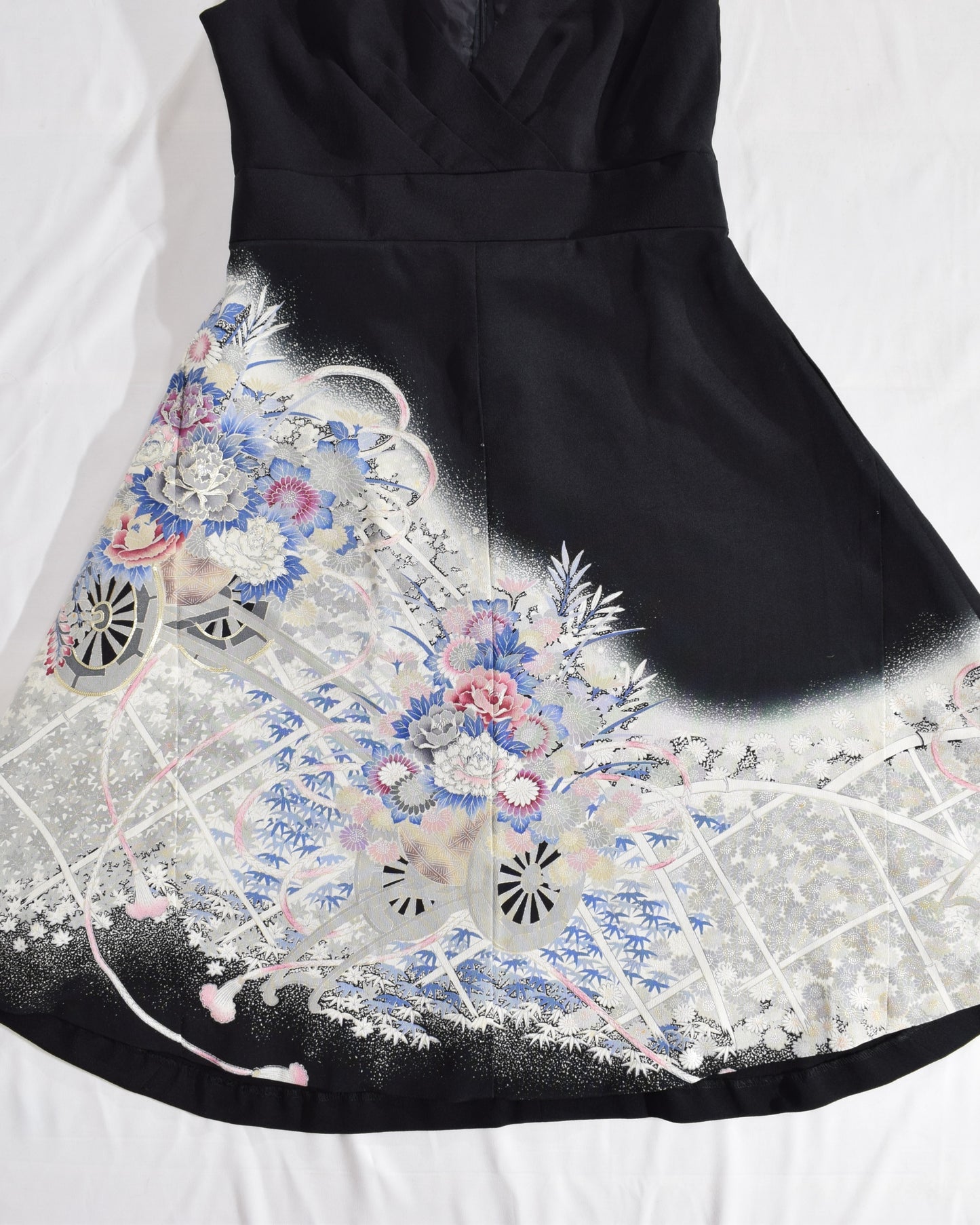 Sleeveless Dress — Black Upcycled Kimono Fabric with Flower Cart Motif
