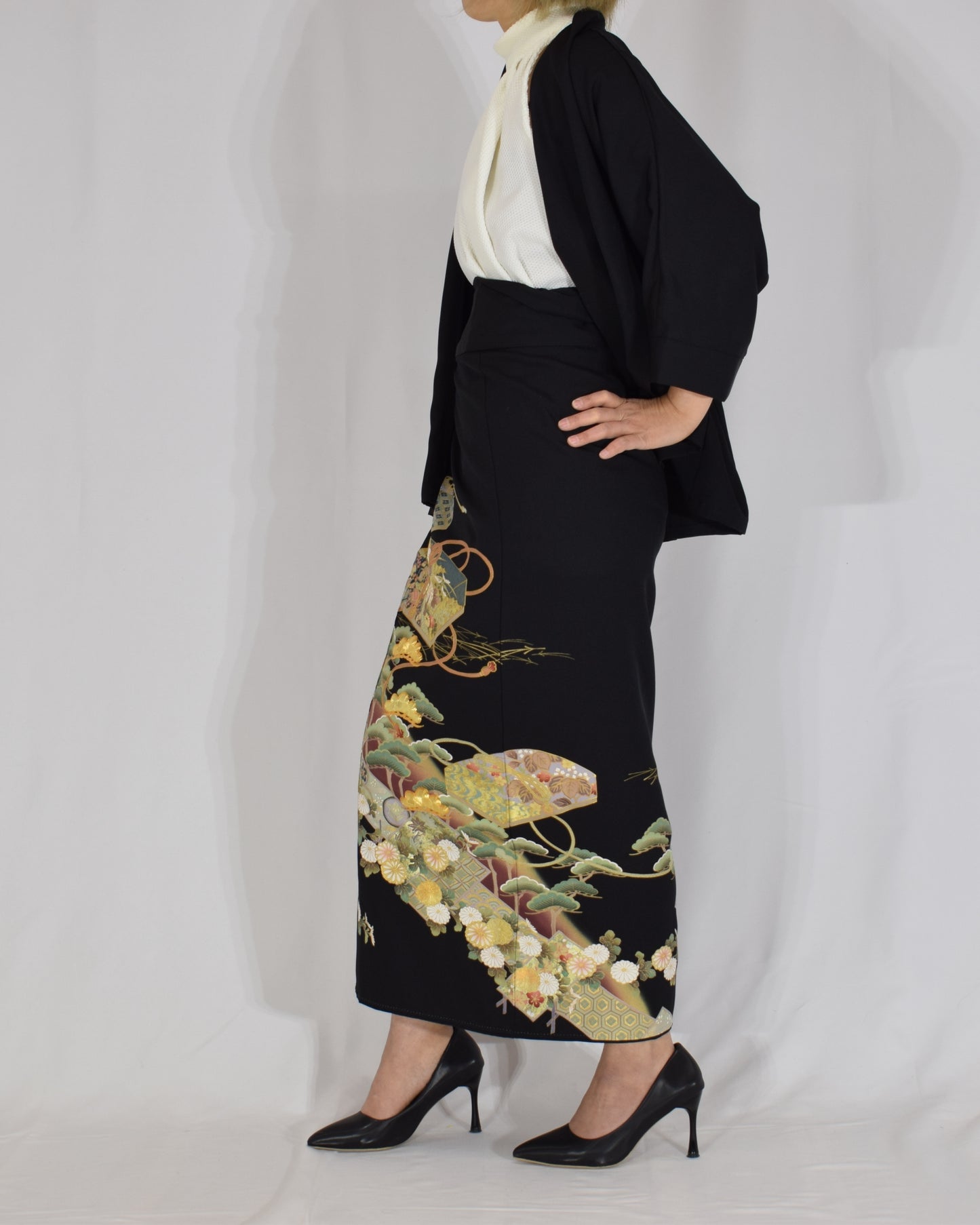 Wrap Skirt & Jacket Set — Fan and Floral Motif in Black Tomesode Silk