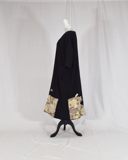 Elegant Kimono Dress, Decorative Cord and Floral Motifs, Upcycled Tomesode Fabric