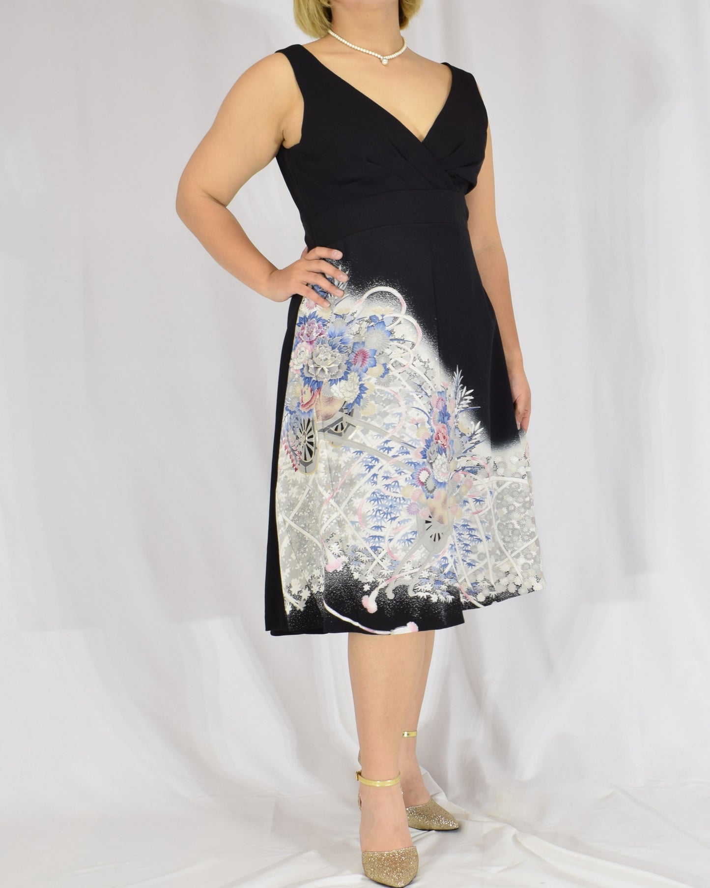 Sleeveless Dress — Black Upcycled Kimono Fabric with Flower Cart Motif