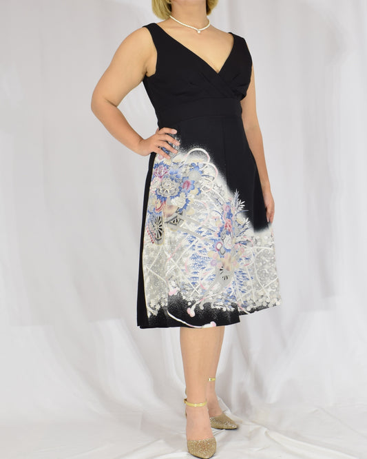 Sleeveless Dress — Black Upcycled Kimono Fabric with Flower Cart Motif