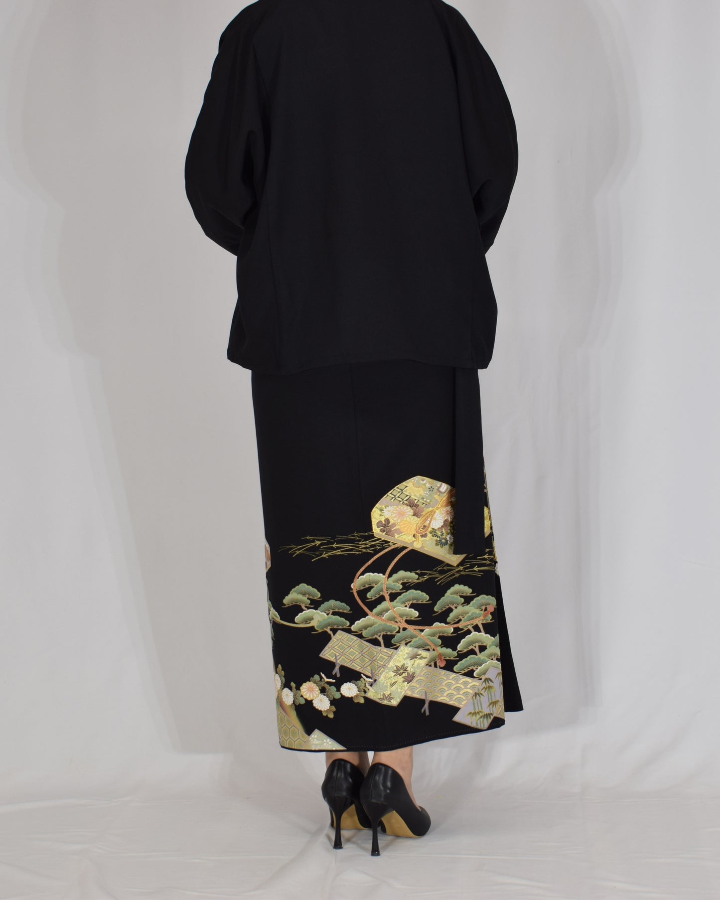Wrap Skirt & Jacket Set — Fan and Floral Motif in Black Tomesode Silk