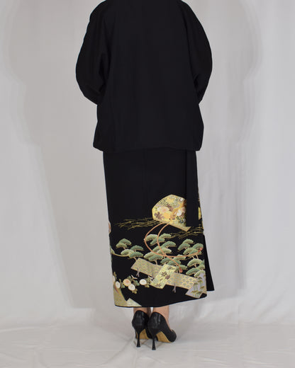 Wrap Skirt & Jacket Set — Fan and Floral Motif in Black Tomesode Silk
